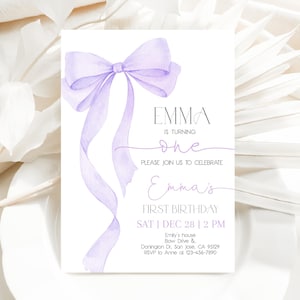 May include: Purple watercolor bow with a white background. Text reads "EMMA is turning one. Please join us to celebrate Emma's First Birthday. SAT | DEC 28 | 2 PM. Emily's house Bow Drive & Donington Dr. San Jose, CA 95129. RSVP to Anne at 123-456-7890"