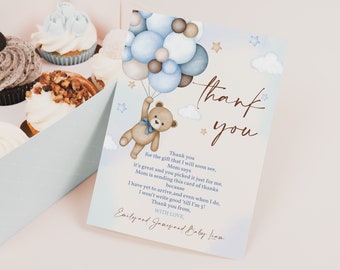 Teddy Bear Thank you Card Fall Baby Shower Thank You Note Card Girl Boy 1st Birthday Party Blue Pampas Boho Balloons Printable BS21B BT81B