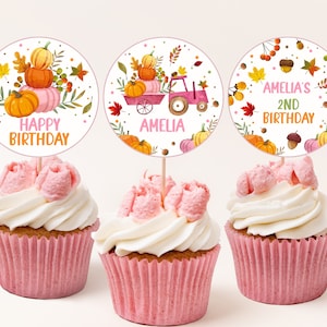 Puede incluir: Tres cupcakes rosas y blancos con adornos redondos que muestran una ilustración de acuarela de calabazas, hojas de otoño y un tractor. Los adornos dicen "Feliz cumpleaños", "Amelia" y "El 2º cumpleaños de Amelia".