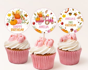 Little Pumpkin Truck Cupcake Toppers Girl First 1st Birthday Party Decor Fall Autumn Leaves Pink Pumpkin Patch Dessert Labels EDITABLE BT26P
