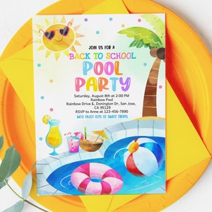 May include: A colourful invitation for a back to school pool party. The invitation features a cartoon sun wearing sunglasses, a palm tree, and a pool with a beach ball and a pink and white inflatable ring. The text on the invitation reads "Join us for a Back to School Pool Party" and includes the date, time, location, and RSVP information.