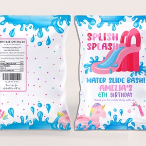 Waterslide Chip Bag Label Mädchen Geburtstag Party Dekor Pink Wasserrutsche Sommer Pool Party Snack Leckereien Bag Splish Splash Bash Printable BT77P