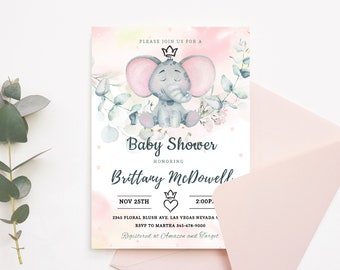 Elephant Invitation Baby Shower Invite Party Floral Blush Pink Jungle Safari Animal Girl Watercolor Template Editable INSTANT DOWNLOAD BBS