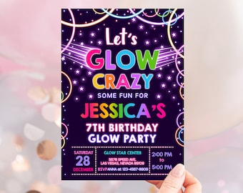 Glow Invitation Birthday Party Invites Boy Girl Neon Dark Laser Rainbow Digital Template EDITABLE Instant Download BT45