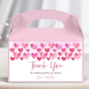 Étiquette pour boîte à pignon pour baby shower Saint Valentin, chérie, cadeaux d'anniversaire pour fille, 1er coeurs roses rouges, boîte de gâteries cadeau imprimable BS64P AT25P