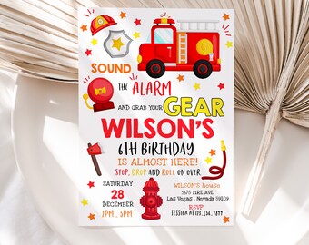 Firetruck Birthday Invitation Firefighter Birthday Invite Fireman Party Fire Truck Engine Fire Department Sound the Alarm EDITABLE BT02W
