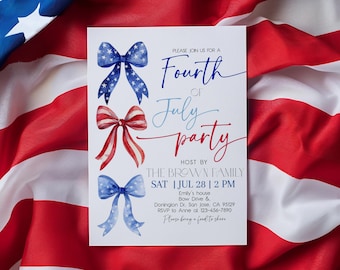Convite para a Festa do Dia da Independência, Dia da Independência, Convite Patriótico para o Quatro de Julho, Bandeira Americana, Vermelho, Branco e Azul, Coquette Bow, EDITÁVEL IN01R