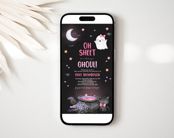 Halloween babyshower Evite Det är ett spöke digital inbjudan Spooky Little Boo söt spöke mobiltelefon elektronisk textinbjudan REDIGERINGSBAR BS30KP