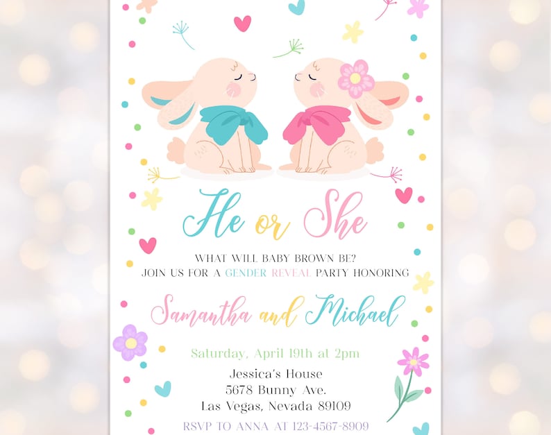 Easter Bunny Gender Reveal Invitation Party Invites Little Etsy
