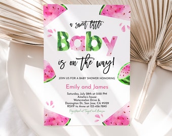 Watermelon Baby Shower Invitation A Sweet Little Baby is on the Way Girl Baby Shower Party Invite Pink Green Summer Fruit EDITABLE BS79P