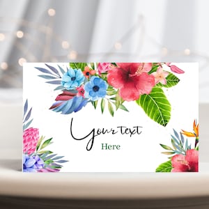 Carpas de comida para cumpleaños luau, etiquetas de comida para baby shower Aloha, decoración para fiesta tropical hawaiana de verano, tarjetas de lugar con hibisco rosa imprimibles BS09R AT29R