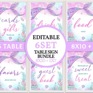 Zestaw na baby shower z syrenką, podmorski stół z tabliczką, dekoracja na pierwsze urodziny dziewczynki, księżniczka, fioletowy, turkusowy, złoty ogon, edytowalny, BS37V BT48V