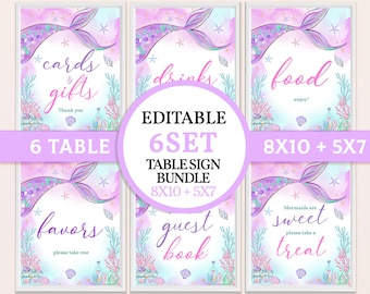 Mermaid Baby Shower Bundle Under The Sea Table Sign Set Girl 1st Birthday Party Decor Princess Purple Teal Gold Tail EDITABLE BS37V BT48V