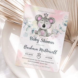 Koala Invitation Baby Shower Invite Party Eucalyptus Greenery Jungle Safari Grey Teddy Bear Woodland Boy Template Editable BS04P