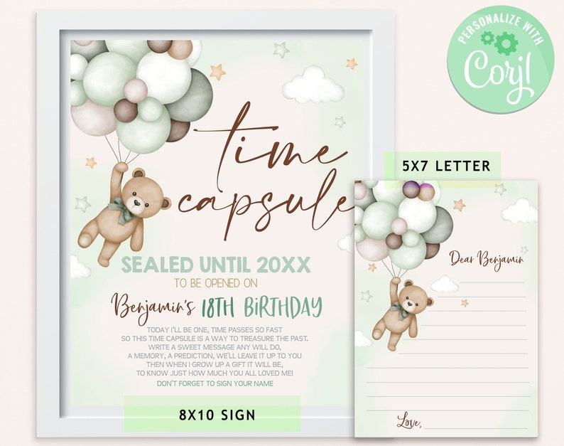 Teddy Bear Time Capsule Sign Girl 1st Birthday Party Guestbook Pampas ...