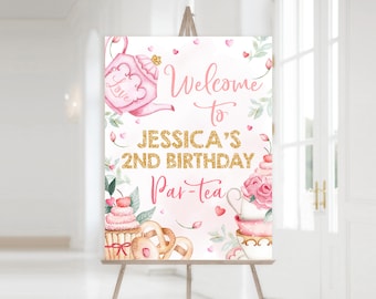 Tea Party Birthday Welcome Sign Girl 1st First Birthday Party Decor Gold Blush Pink Floral High Tea Poster Whimsical Garden Par-Tea BT10P