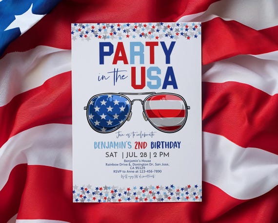 Fourth of July Birthday Invitation Patriotic 4th of July Invite Independence Day Party in the USA American Flag Sunglasses EDITABLE HL29