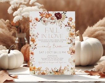 Fall in Love Bridal Shower Invitation Fall Pumpkin Bridal Shower Invite Boho Rustic Floral Flowers Autumn Wedding Shower EDITABLE BR04O