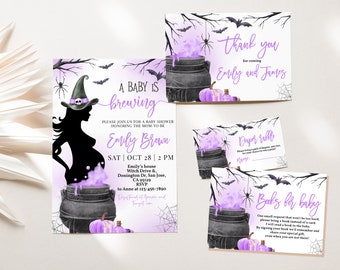 May include: A purple and black Halloween baby shower invitation featuring a silhouette of a pregnant witch holding a cauldron. The text reads "A Baby is Brewing" and includes the date, time, and location of the event.