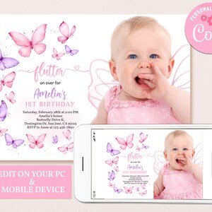 K&ouml;nnte beinhalten: Eine rosa und lila Schmetterlings-Motto-Einladung zum ersten Geburtstag mit einem Foto eines kleinen M&auml;dchens. Die Einladung lautet "flutter on over for Amelia's 1st Birthday".
