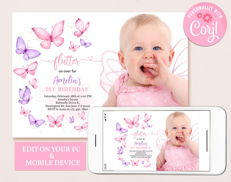 K&ouml;nnte beinhalten: Eine rosa und lila Schmetterlings-Motto-Einladung zum ersten Geburtstag mit einem Foto eines kleinen M&auml;dchens. Die Einladung lautet "flutter on over for Amelia's 1st Birthday".