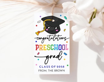 Vorschul-Abschluss-Geschenk-Tag-Glückwünsche Preschool Grad-Favor Tags Ende des Schuljahres Geschenke Graduate Cap Konfetti PTO Printable GD01B