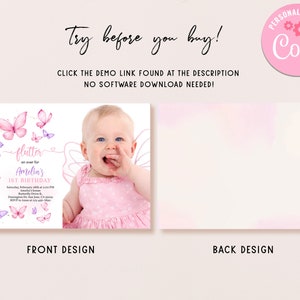 K&ouml;nnte beinhalten: Eine rosa und violette Einladung zum ersten Geburtstag mit Schmetterlingsmotiv und einem Foto eines kleinen M&auml;dchens in einem rosa Kleid. Der Text auf der Einladung lautet "flutter on over for Amelia's 1st Birthday".