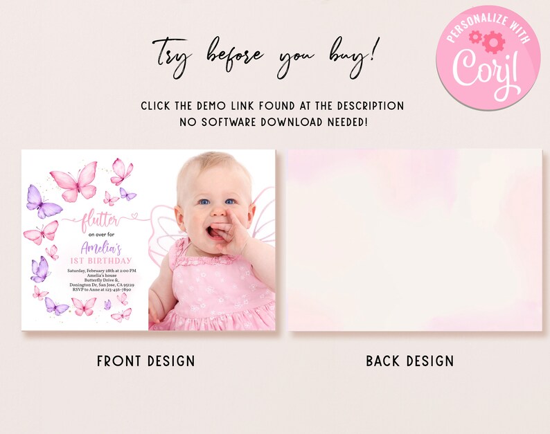 K&ouml;nnte beinhalten: Eine rosa und violette Einladung zum ersten Geburtstag mit Schmetterlingsmotiv und einem Foto eines kleinen M&auml;dchens in einem rosa Kleid. Der Text auf der Einladung lautet "flutter on over for Amelia's 1st Birthday".