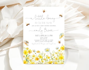 A Little Honey Baby Shower Invitation Honey Bee Gender Neutral Party Invite Yellow Floral Spring Flowers Wildflower Bumble EDITABLE AS37Y