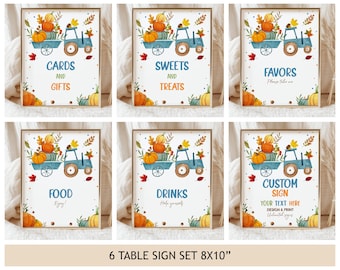 Little Pumpkin Truck Table Sign Set, Fall Baby Shower Poster Bundle, Boy 1st Birthday Party Decor, Blue Patch Autumn EDITABLE BS59B BT26B