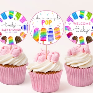 Eis am Stil-Baby-Dusche-Kuchen-Topper She's Ready to Pop Girl Gender Neutral Dekor Eis Sommer Party Dessert Etiketten Printable BS58P