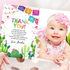 Tarjeta de agradecimiento con foto para fiesta de cumpleaños, decoración para el primer cumpleaños de niño y niña, flor mexicana, cactus, suculenta, nota de agradecimiento, Cinco de Mayo, editable, BT54