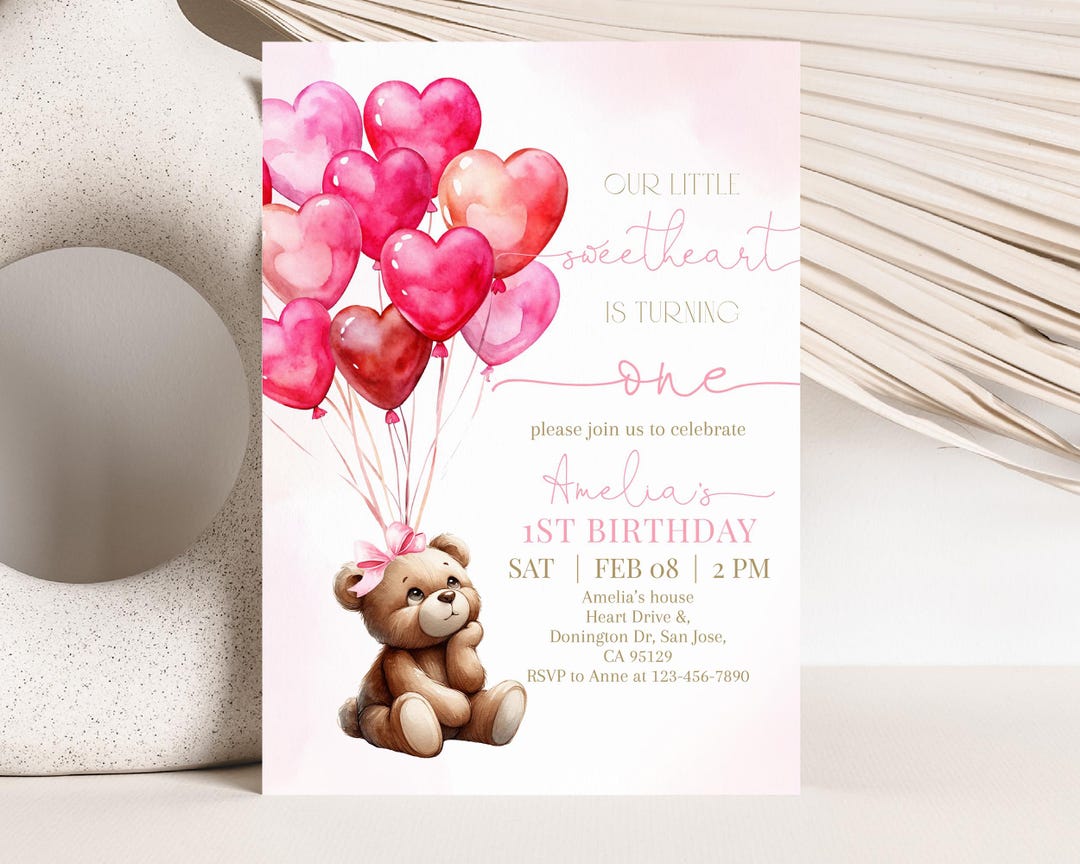 Teddy Bear Birthday Invitation Valentines Day Girl Pink Balloon Hearts ...