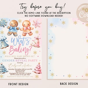 Pode incluir: Um convite para uma festa de revela&ccedil;&atilde;o de g&ecirc;nero com um fundo de aquarela com figuras de p&atilde;o de gengibre e flocos de neve. O texto diz "What's Baking?" e inclui detalhes sobre a festa, como a data, a hora e o local. O convite &eacute; personalizado com os nomes "Emily e Andrew".
