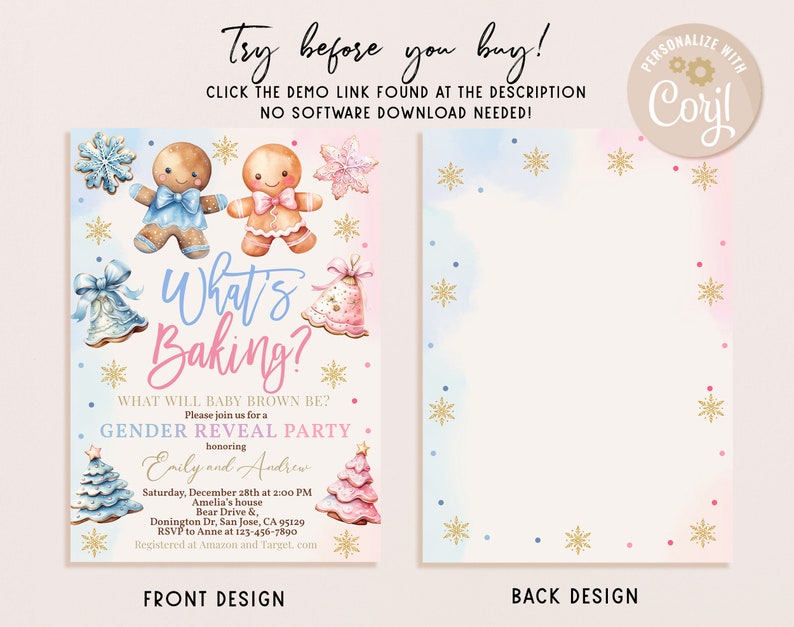 Pode incluir: Um convite para uma festa de revela&ccedil;&atilde;o de g&ecirc;nero com um fundo de aquarela com figuras de p&atilde;o de gengibre e flocos de neve. O texto diz "What's Baking?" e inclui detalhes sobre a festa, como a data, a hora e o local. O convite &eacute; personalizado com os nomes "Emily e Andrew".