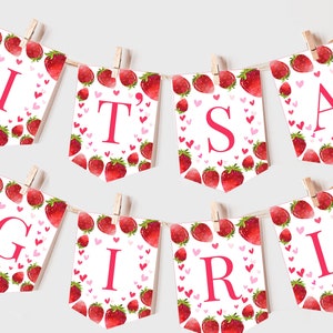 Aardbei Baby Shower Banner Berry Sweet Girl Genderneutraal Party Decor Zomerfruit Roze Rood Citrus Garland BEWERKBARE foto Prop BS16P