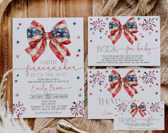 Fourth of July Baby Shower Invitation Bundle Little Firecracker Invite Set 4th of Patriotic American USA Flag Coquette Bow EDITABLE AS50R