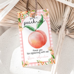 Pfirsich Geburtstag Favor Tags Ein süßer Pfirsich Dankeschön Geschenkanhänger Süß wie ein Pfirsich Geschenkanhänger Sommer Floral Rosa Gold Etikette Printable Vorlage AT05
