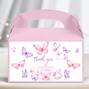 Schmetterling Geburtstag Giebel Box Etikett Mädchen Babyparty rosa lila Schmetterlinge Blumen Frühling Gartenparty Geschenk behandelt Box Printable BS36V BT93V