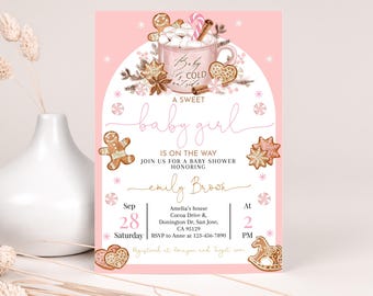 May include: Pink baby shower invitation with a watercolor illustration of a mug of hot chocolate with marshmallows and gingerbread cookies. The text reads "A Sweet Baby Girl is on the Way. Join us for a Baby Shower Honoring Emily Brook. Sep 28 Saturday at 2 PM. Amelia's house Cocoa Drive & Donington Dr, San Jose, CA 95129. RSVP to Anne at 123-456-7890. Reytend at Ariyon and Tregut com"