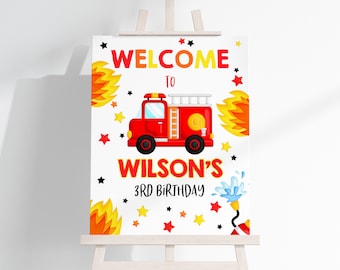 Firetruck Welcome Sign Boy 1st First Birthday Party Decor Fireman Firefighter Poster Fire Truck Fire Department Front Porch EDITABLE BT02W