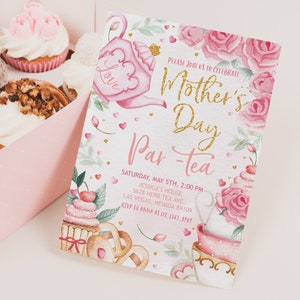 Uitnodiging Moederdag Tea Party Moederdag middagbrunch uitnodigen Blush roze bloemen goud hoge theezakje theepot voor moeder lente BEWERKBARE MO01P