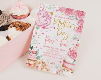 Mothers Day Tea Party Invitation Mother's Afternoon Brunch Invite Blush Pink Floral Gold High Tea Bag Teapot for Mom Spring EDITABLE MO01P