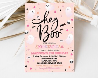 Halloween Birthday Invitation: Hey Boo Invite, Pink Ghost Kids Costume Party, Spooktacular 5x7" Digital Download, EDITABLE AT08P