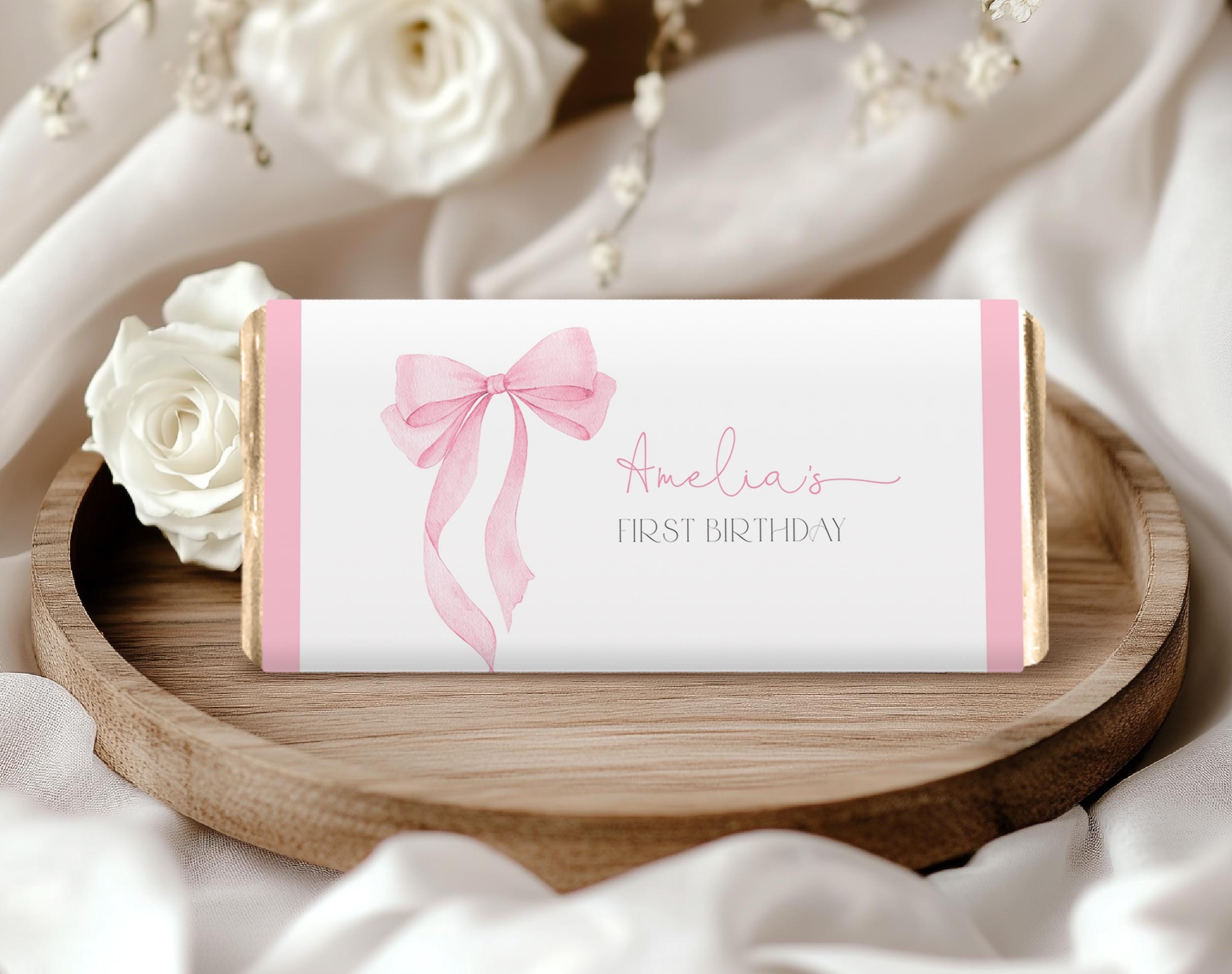 Pink Ribbon Wrapper Pink Bow Chocolate Wrapper Coquette Girl 1st Birthday Party Decor Soft ...