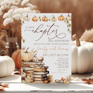 Storybook Baby Shower Invitation A New Chapter Will Soon Begin Book Gender Neutral Party Invite Autumn Fall Floral Pumpkin EDITABLE AS06O