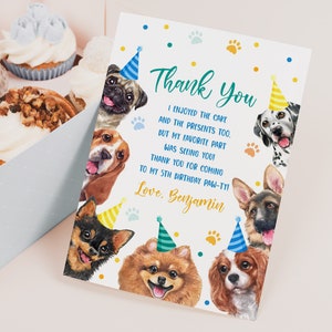 Dog Birthday Thank You Card Boy 1st First Birthday Thank You Note Blue Puppy Pawty Pet Adoption Party Favors Animals Come Sit Stay BT51B