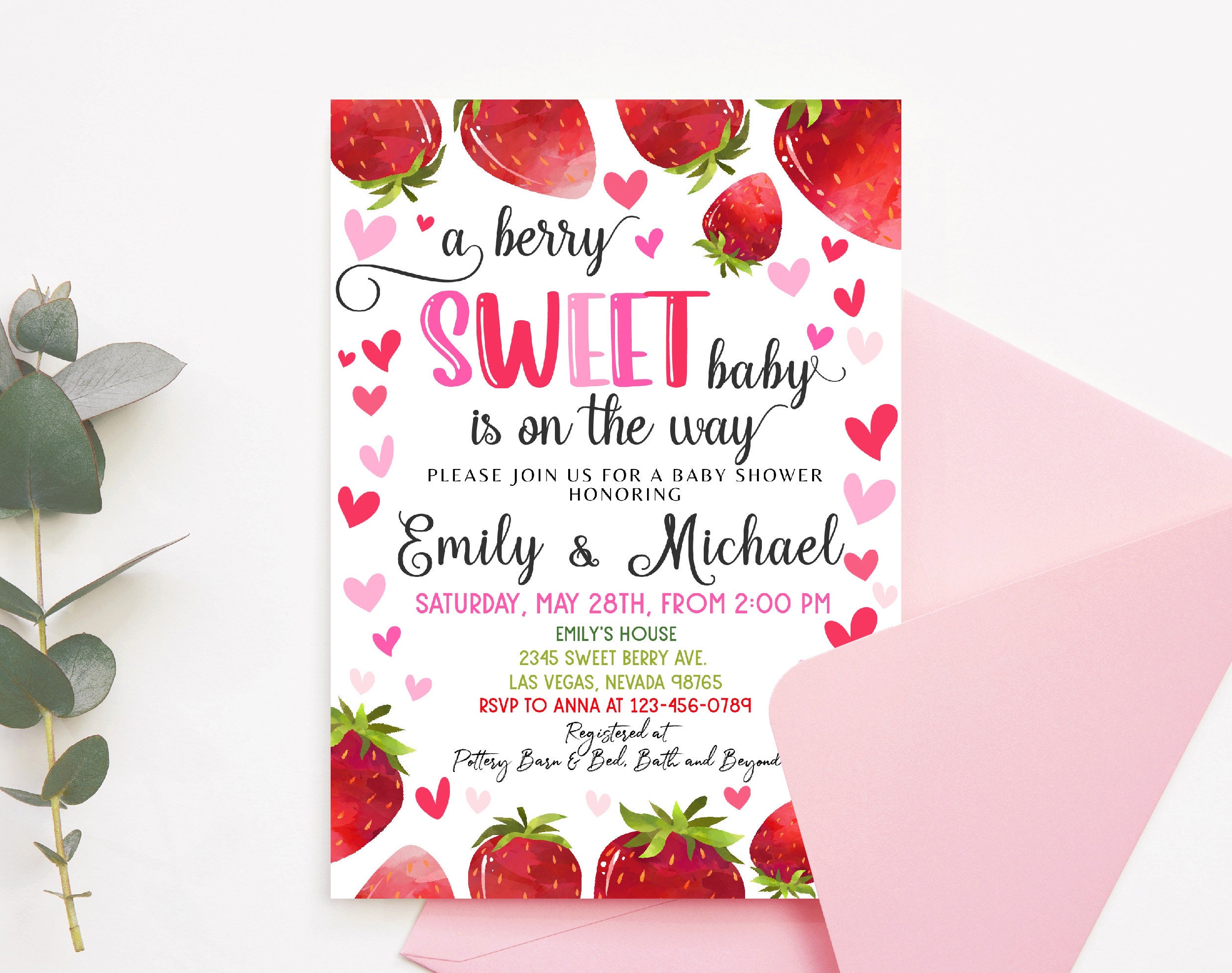 Strawberry Baby Shower Invitation, Berry Sweet Invite, Pink Red Hearts,  Citrus Fruit, Girl Coquette Heart, EDITABLE Template BS16P - Etsy, image size:2500x1975