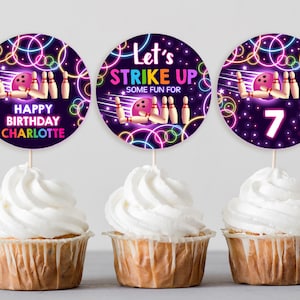 Topo de cupcake de boliche, lembrancinhas para festa de aniversário, etiquetas brilhantes de neon, etiqueta esportiva de laser de fliperama, modelo editável para download instantâneo BT25P