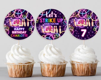Bowling Cupcake Topper Birthday Party Favors Strike up Neon Glow Tags Arcade Laser Sport Label Boy EDITABLE Template Instant Download BT25P